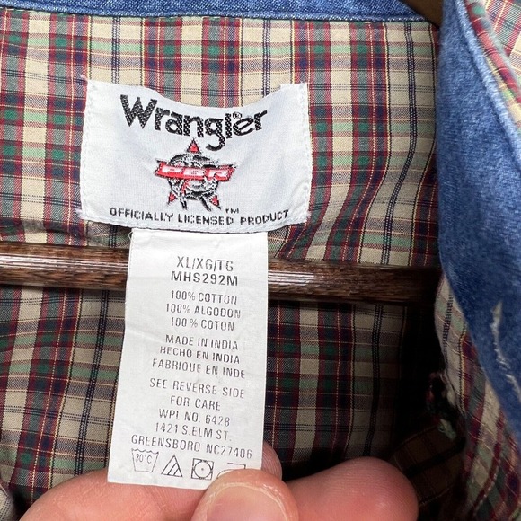 Wrangler PBR Shirt Men's Extra Large Beige Green Red Check Rodeo Western Cotton - Picture 8 of 11